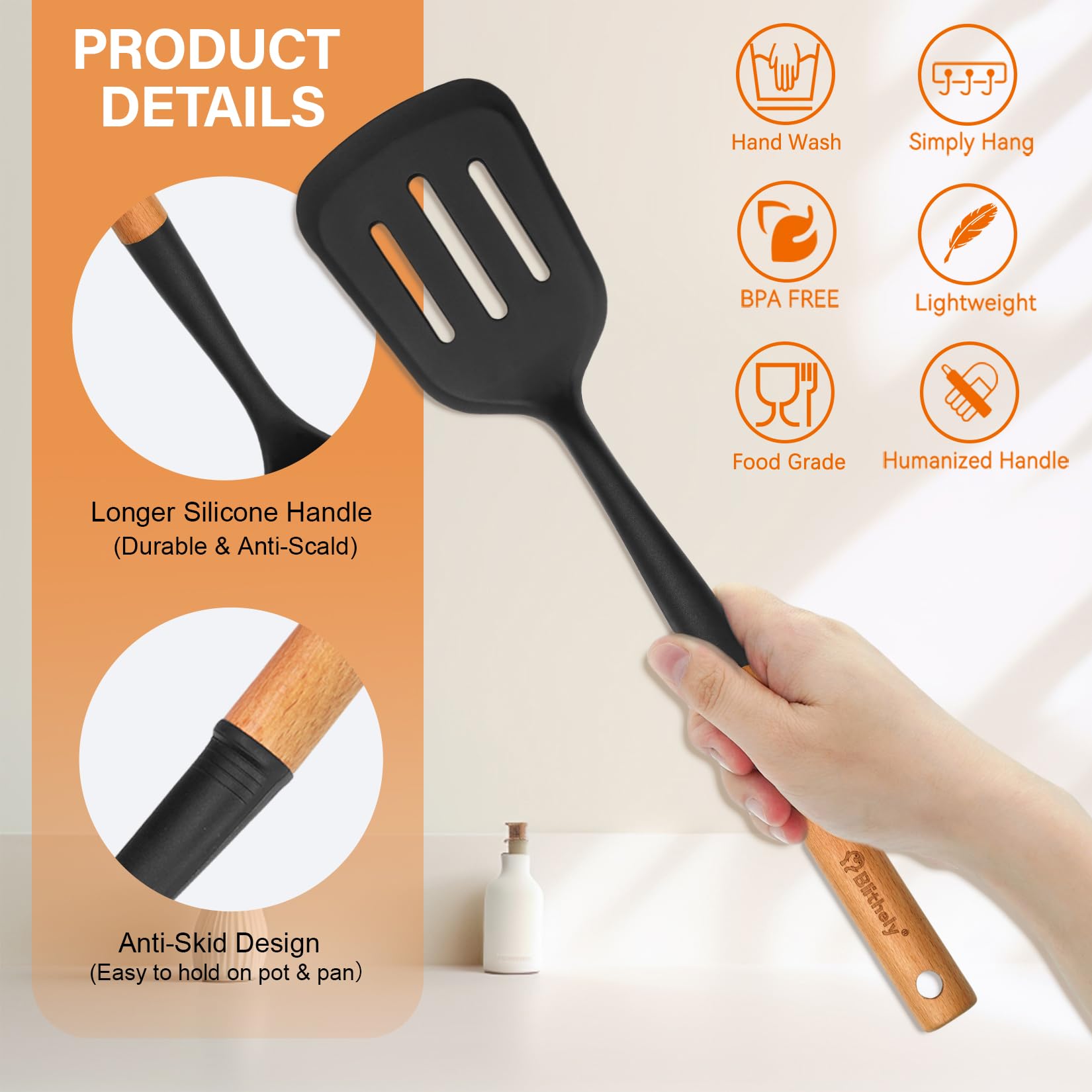 Blithely BPA-free silicone tools protect nonstick surfaces.