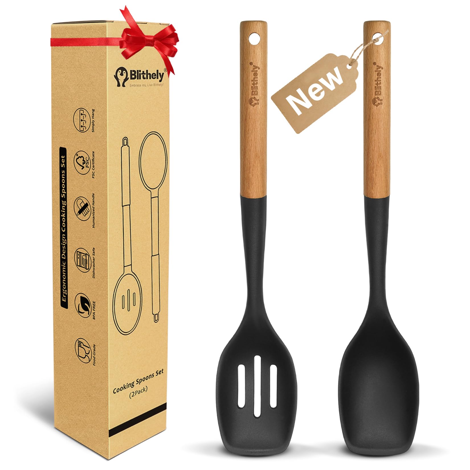 Blithely large silicone cooking spoons set with solid spoon, ideal for precise stirring.