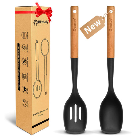 Blithely large silicone cooking spoons set with solid spoon, ideal for precise stirring.