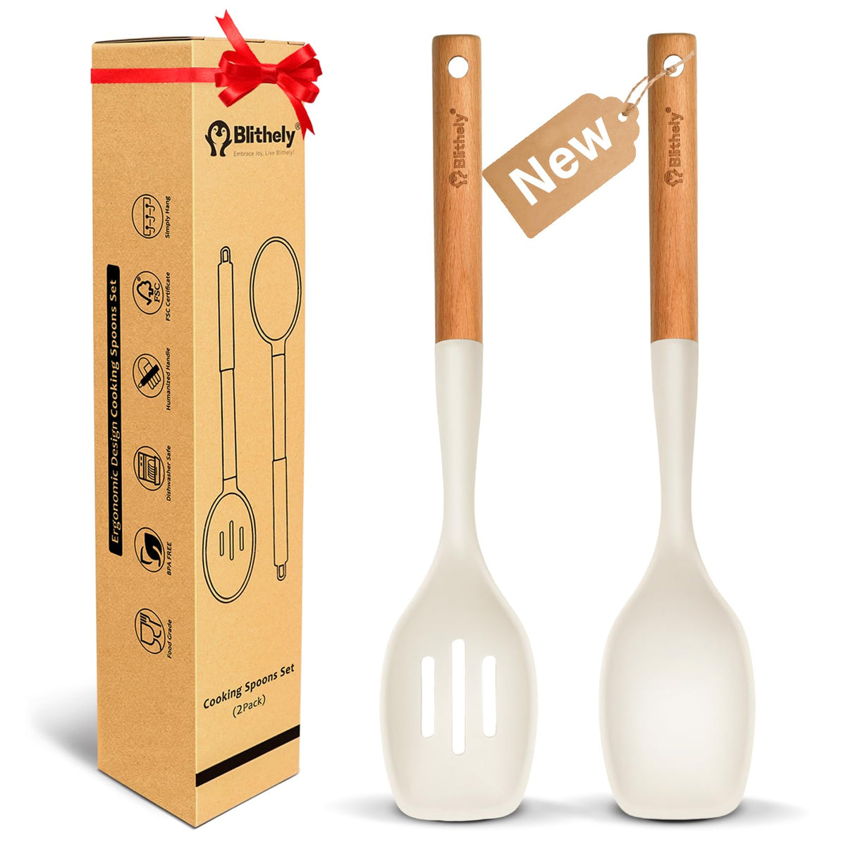 Blithely solid silicone spoon with wooden handle, heat resistant for everyday cooking.