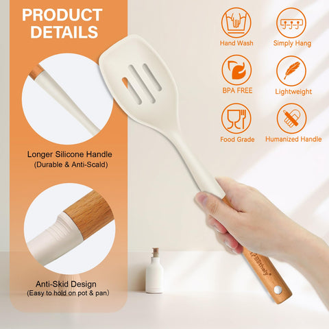 Close-up of Blithely silicone spoon with ergonomic wooden handle.