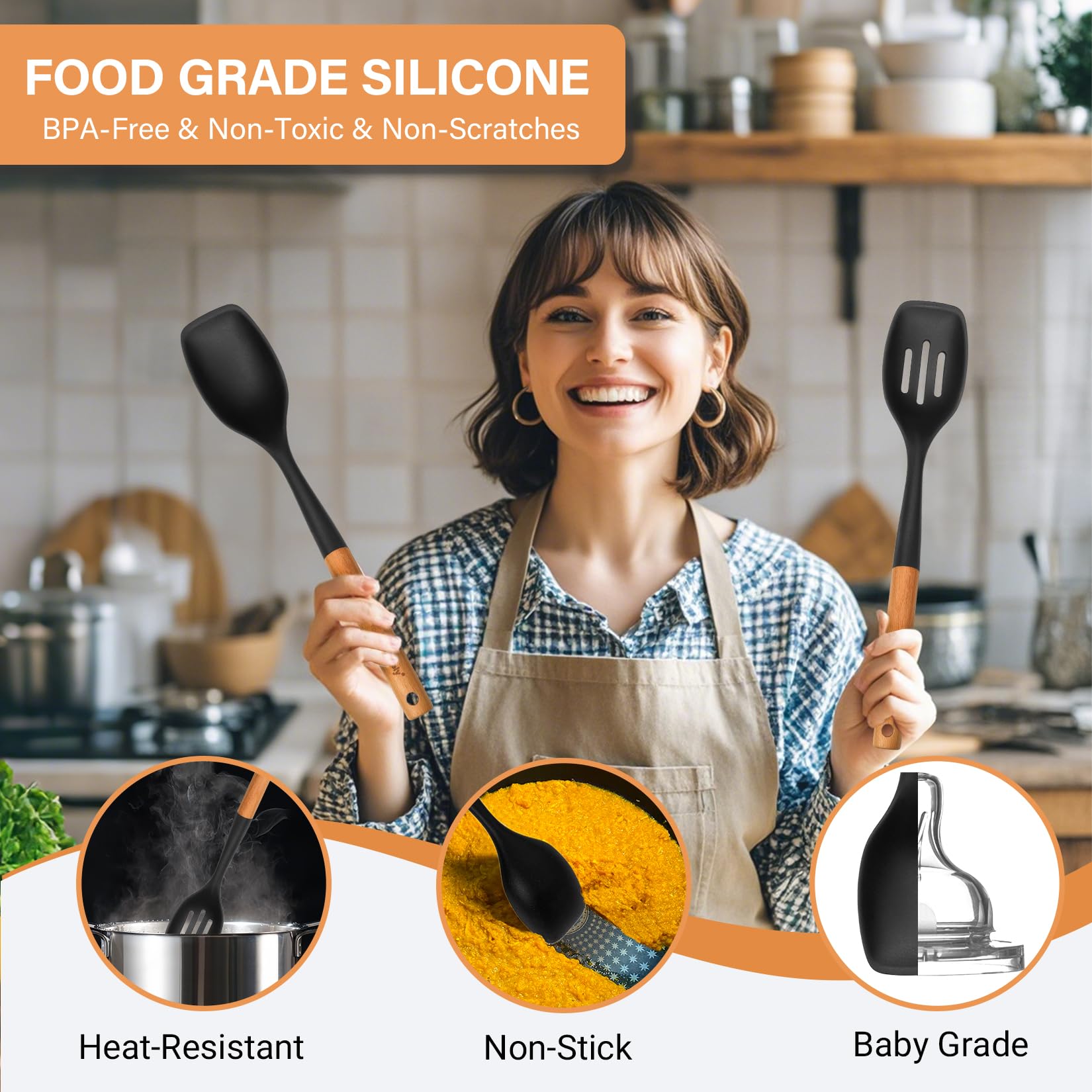 Blithely silicone spoons hanging-hole design keeps utensils within reach.