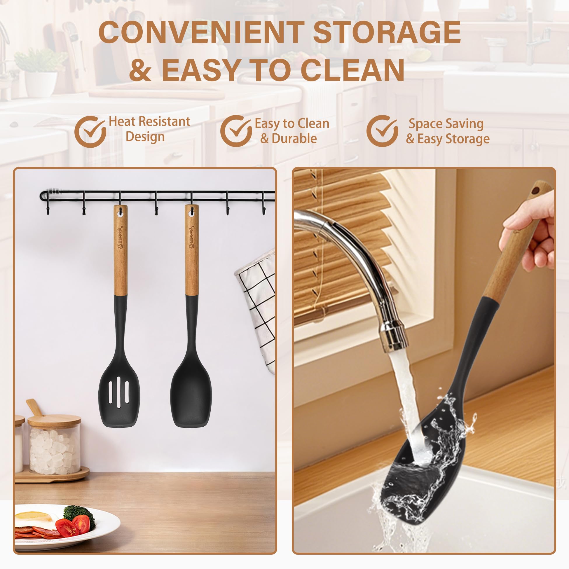 Blithely silicone spoons in pan with veggies for easy flipping and pouring.