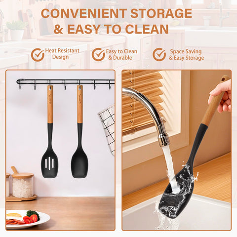 Blithely silicone spoons in pan with veggies for easy flipping and pouring.