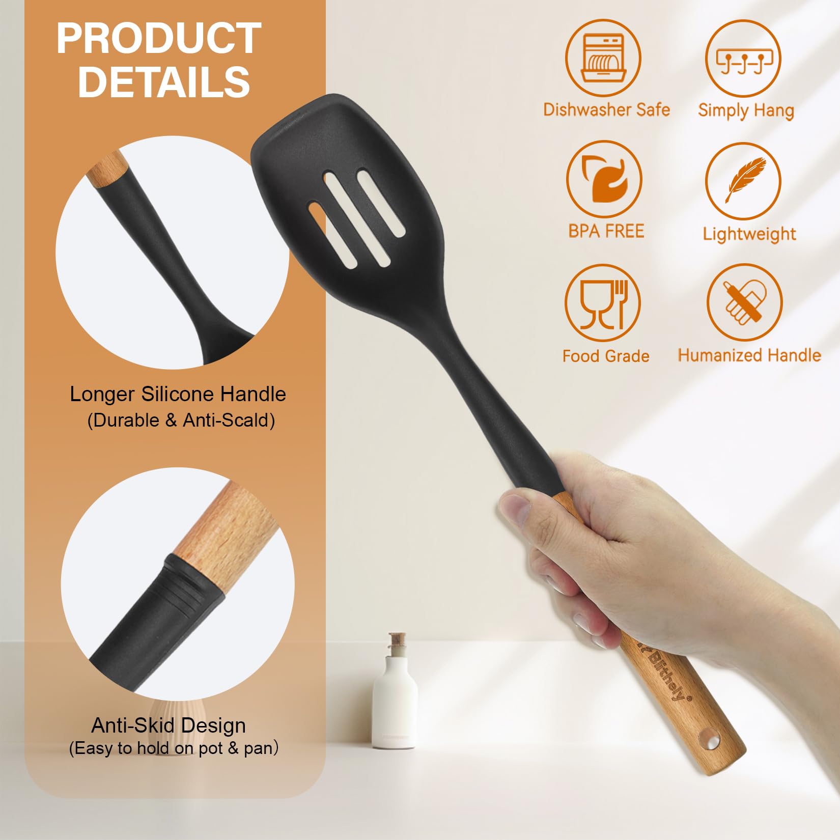 Blithely wooden-handle silicone spoon close-up showing ergonomic grip.