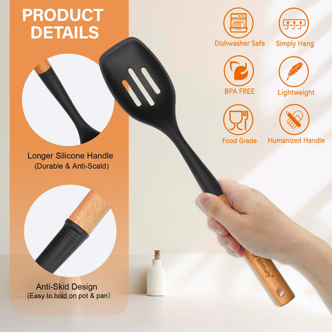 Blithely wooden-handle silicone spoon close-up showing ergonomic grip.