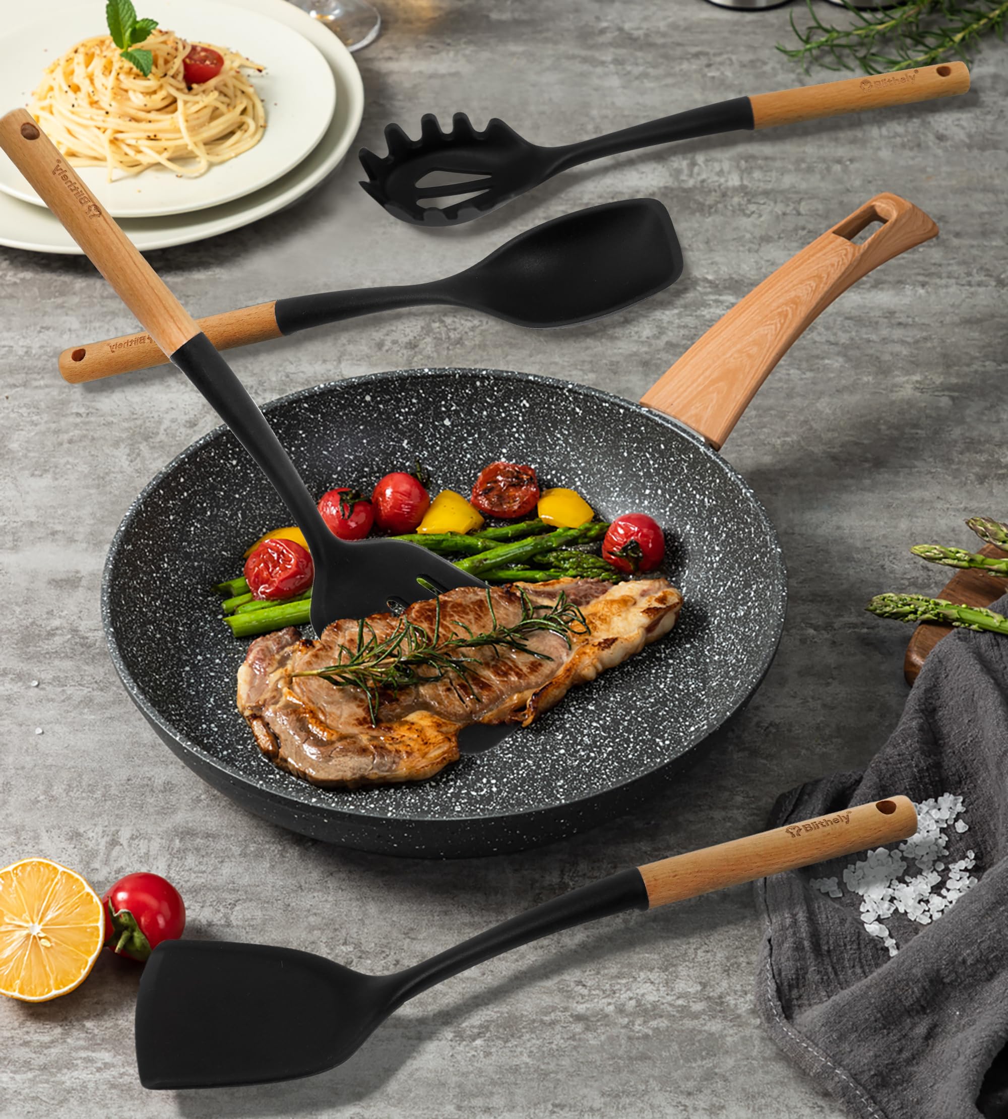 Blithely wooden-handle utensils provide comfortable grip and heat protection.