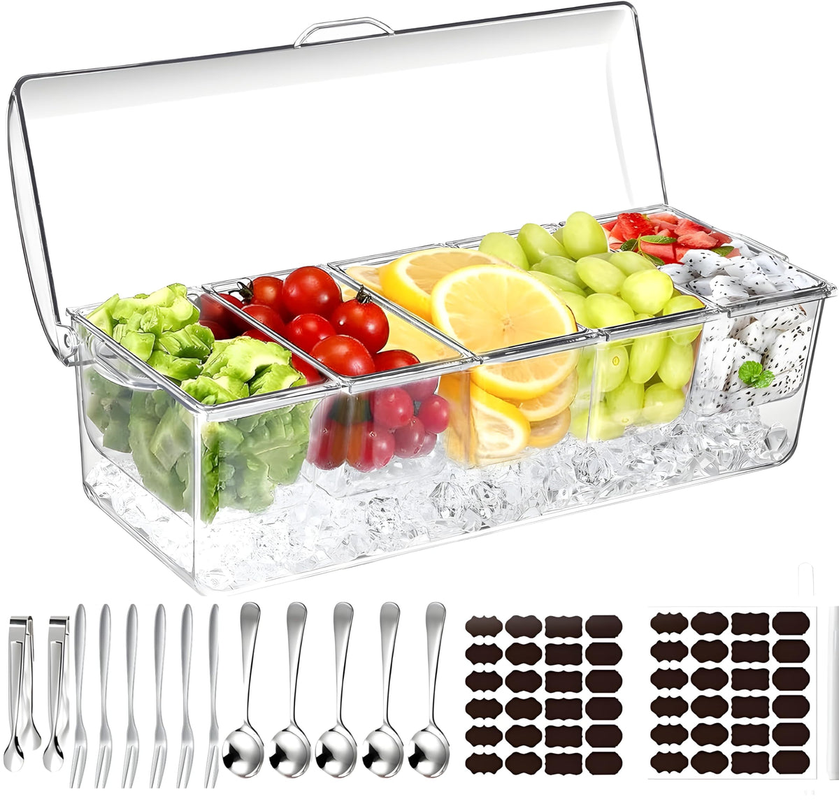 BLIVORRA large ice-chilled condiment server with five removable containers keeps toppings cool and organized