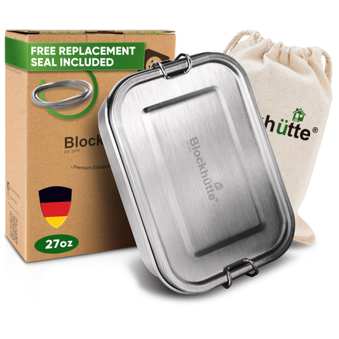 Blockhütte 27oz stainless steel lunch box close-up, showcasing durable material for daily use.