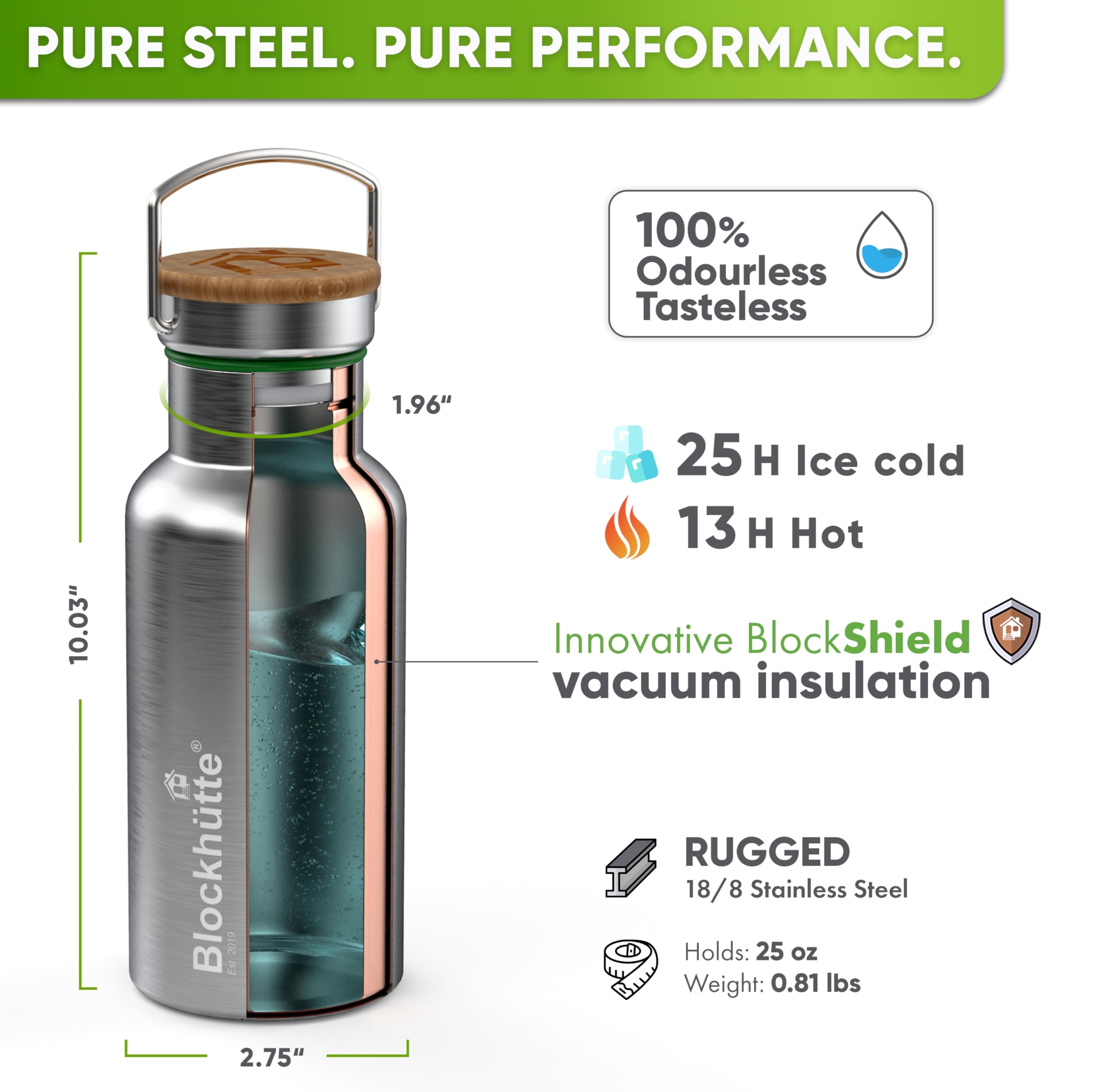 Blockhütte bottle with brushed stainless steel finish for everyday durability.