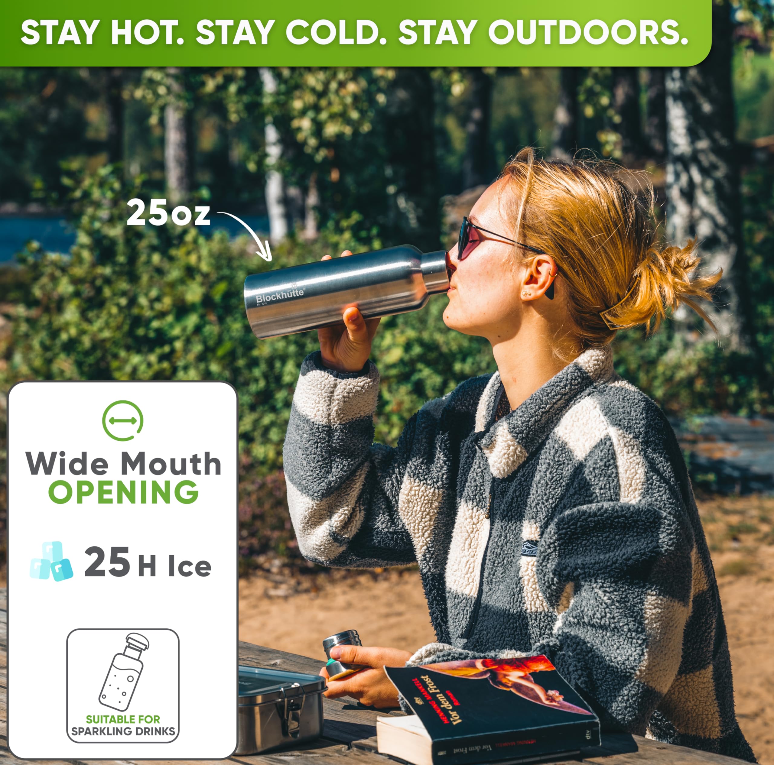 Blockhütte insulated stainless steel bottle keeps beverages cold or hot on the go.