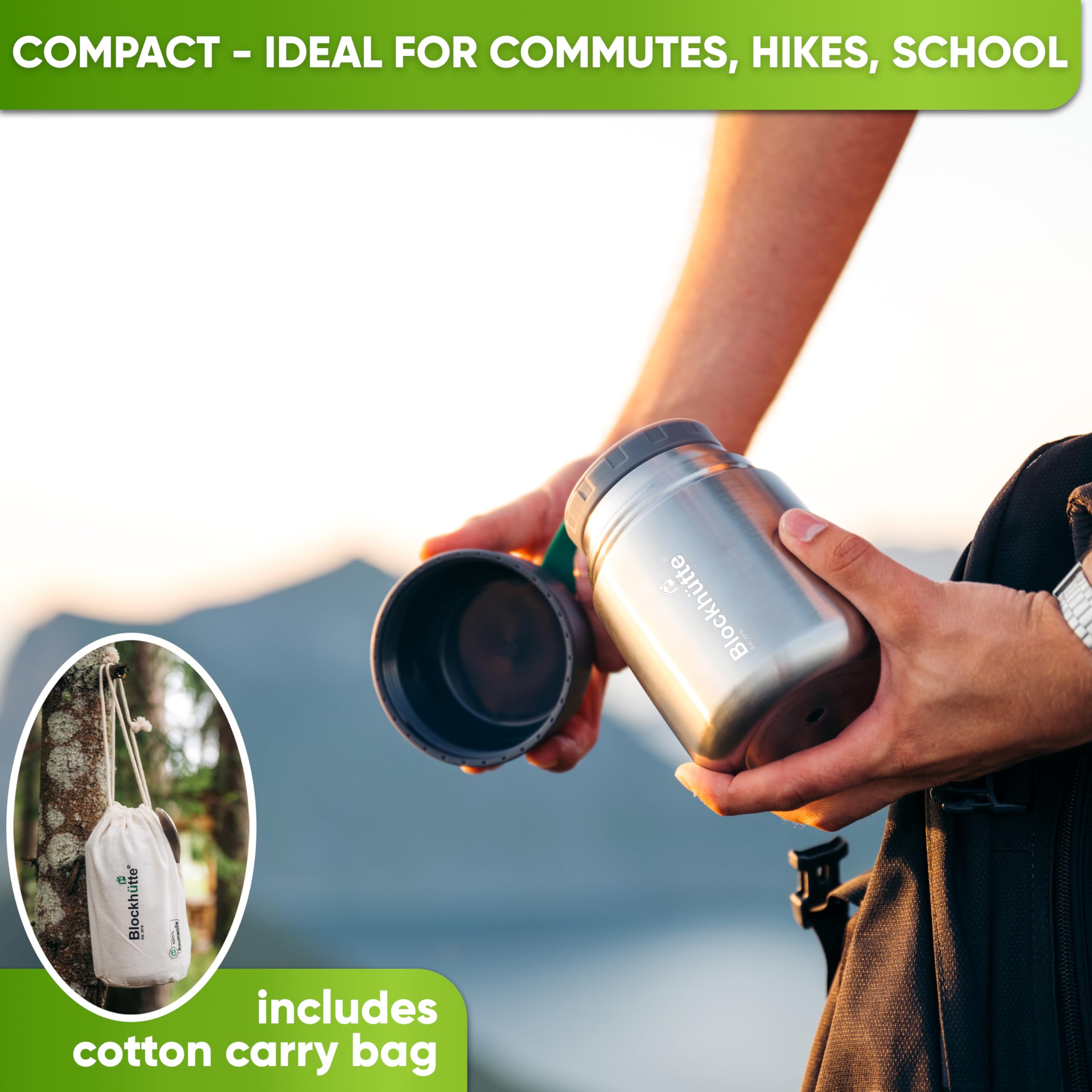 Blockhuette compact thermos in a bag ready for school or work