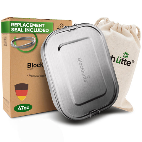 Blockhütte stainless steel lunch box with three compartments for organized meals at work.