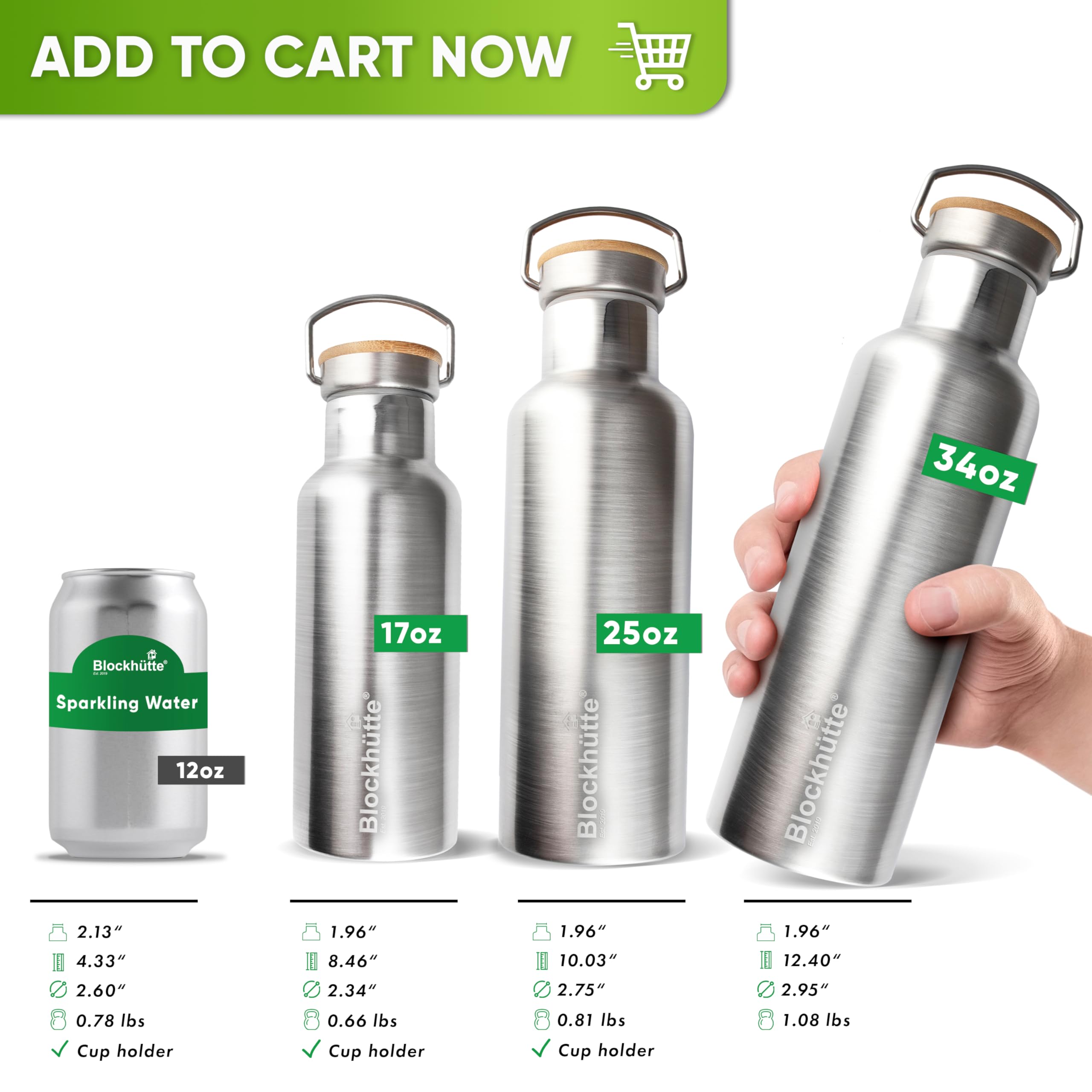 Blockhuette thermally insulated stainless steel bottle keeps drinks cold