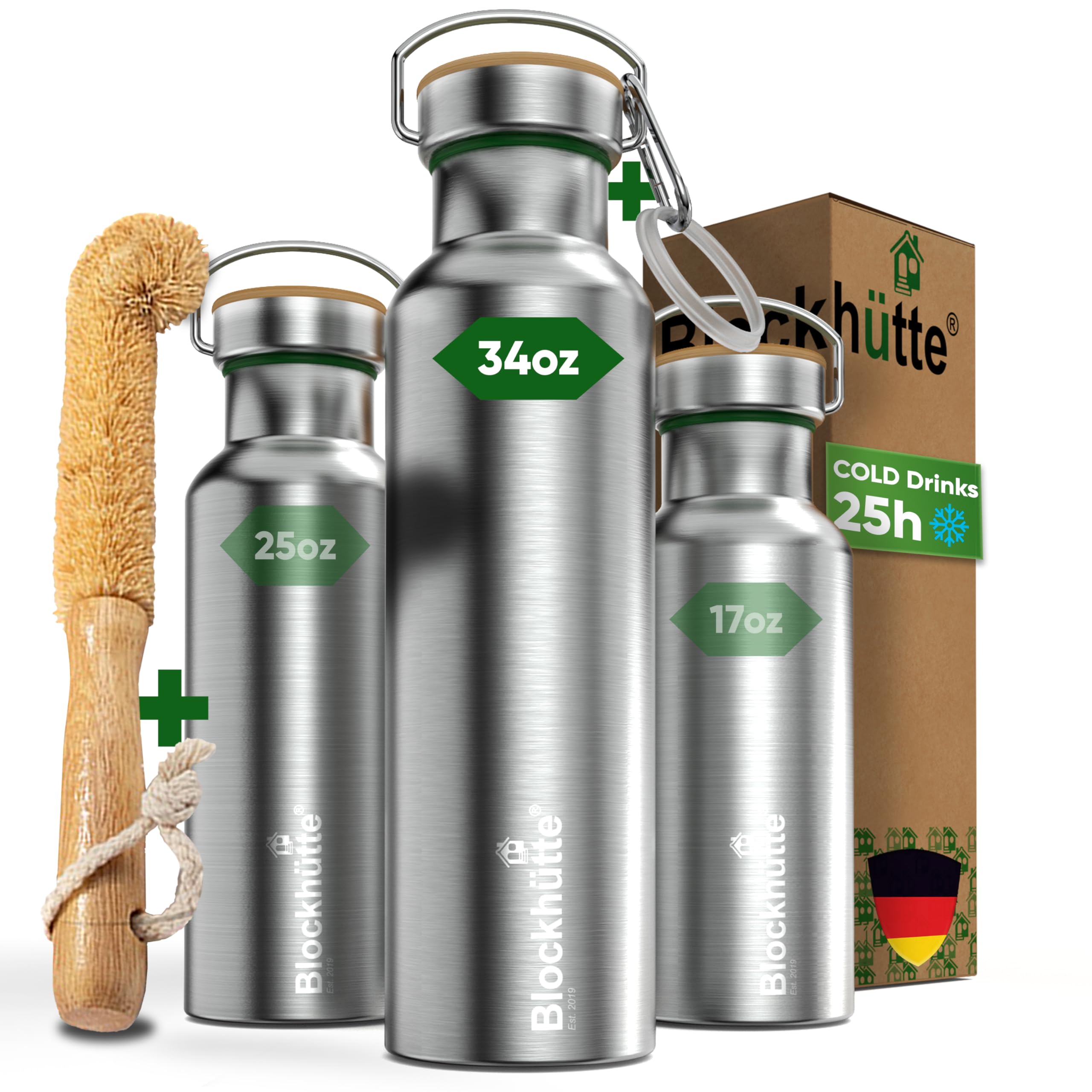 Blockhuette vacuum insulated bottle with wide mouth for easy filling