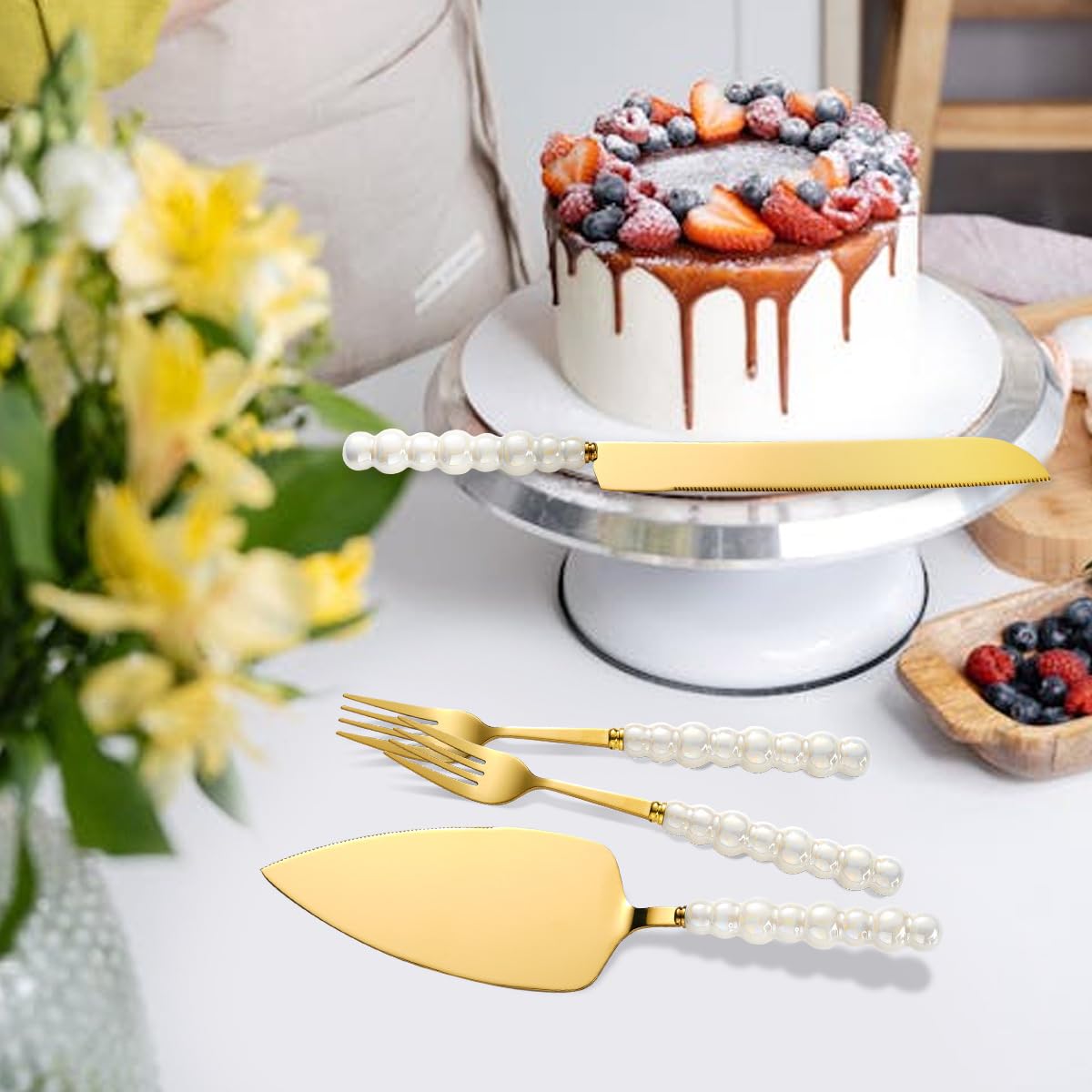 Bltnever ceramic pearl accents on cake server for wedding glamour