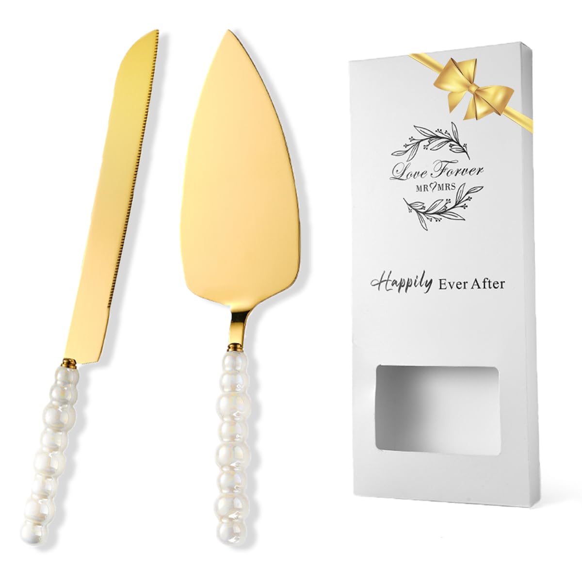 Bltnever wedding cake cutting set with pearl-handle knife offers an elegant ceremony-ready look.