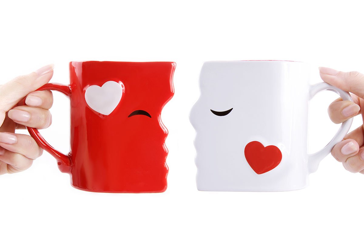 Blu Devil Kissing Mugs with included spoons for easy stirring and neat storage