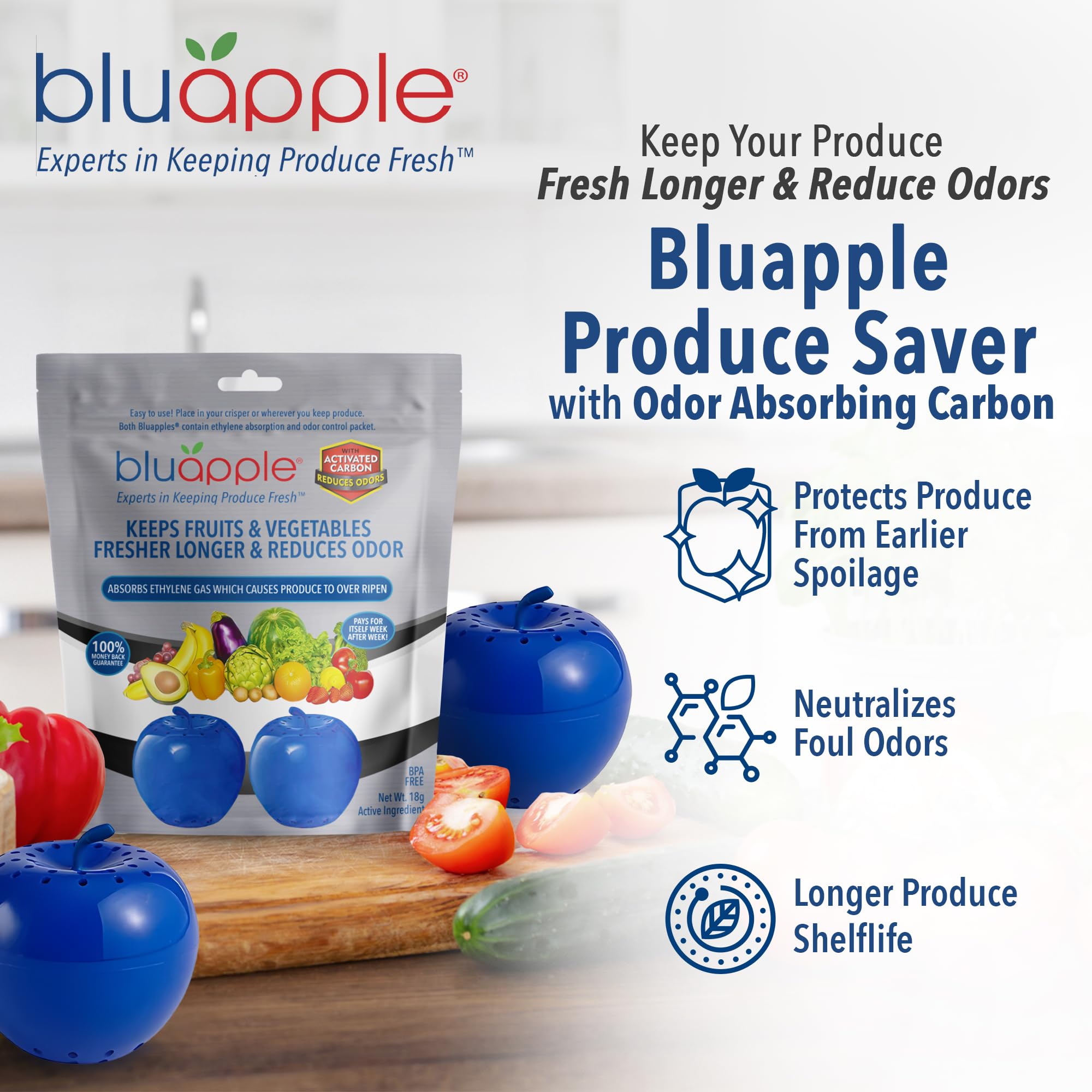 BluApple activated-carbon packet demonstrates odor control and extended freshness.