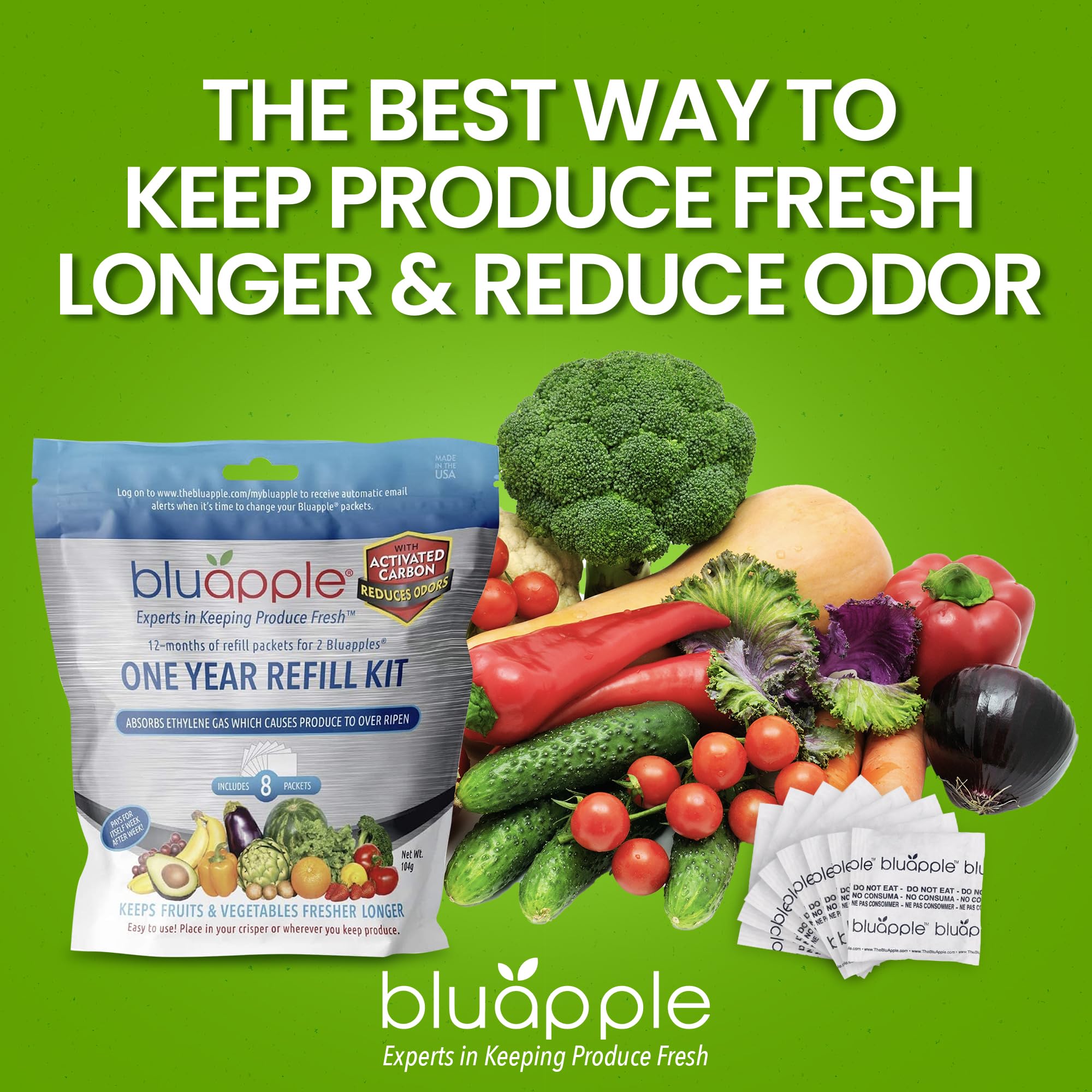 BluApple activated carbon packets close-up, designed to help extend produce freshness.