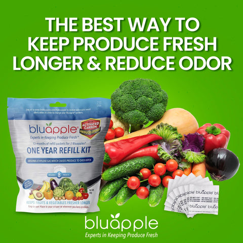 BluApple activated carbon packets close-up, designed to help extend produce freshness.