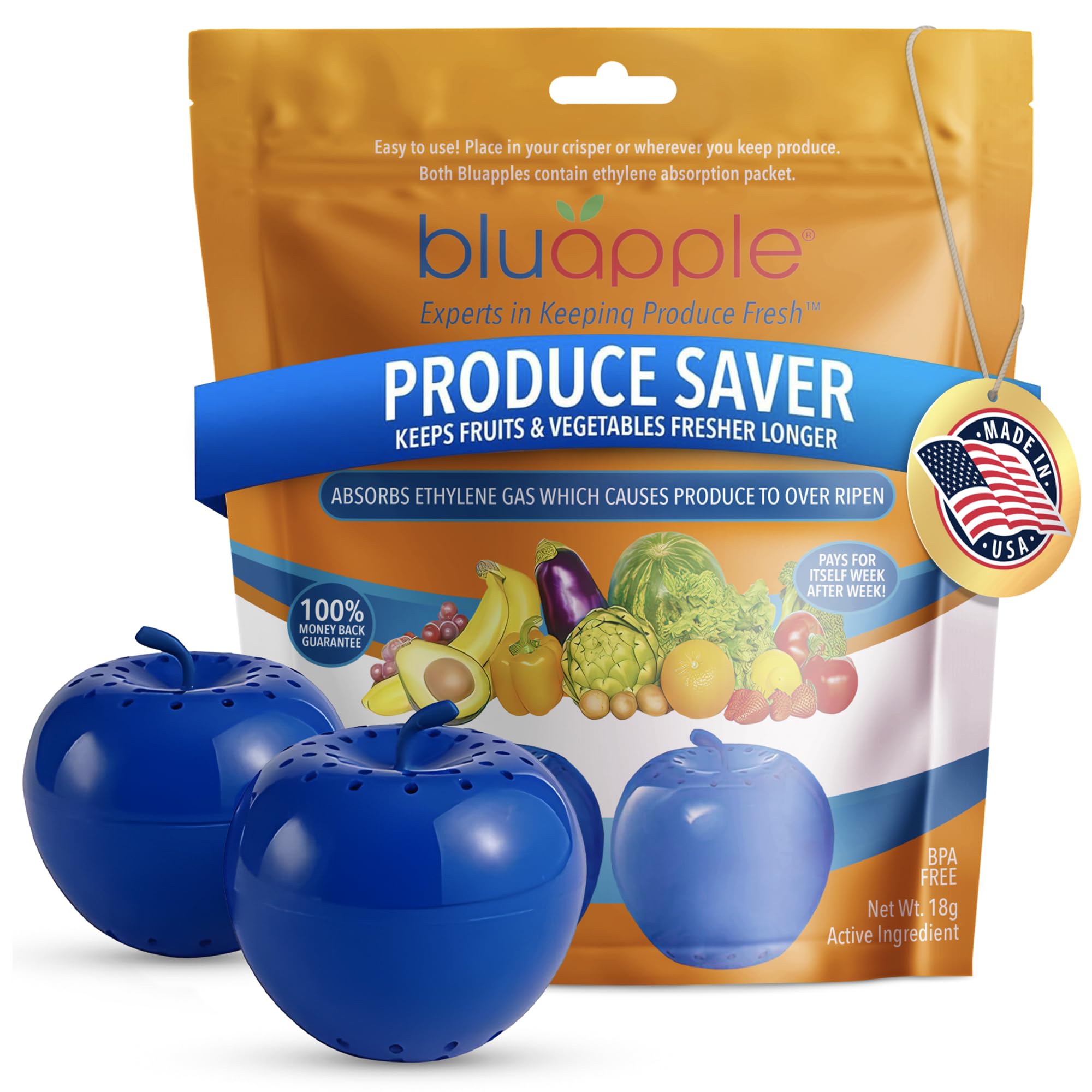 Bluapple Produce Saver 2-pack in front view with compact ethylene absorber