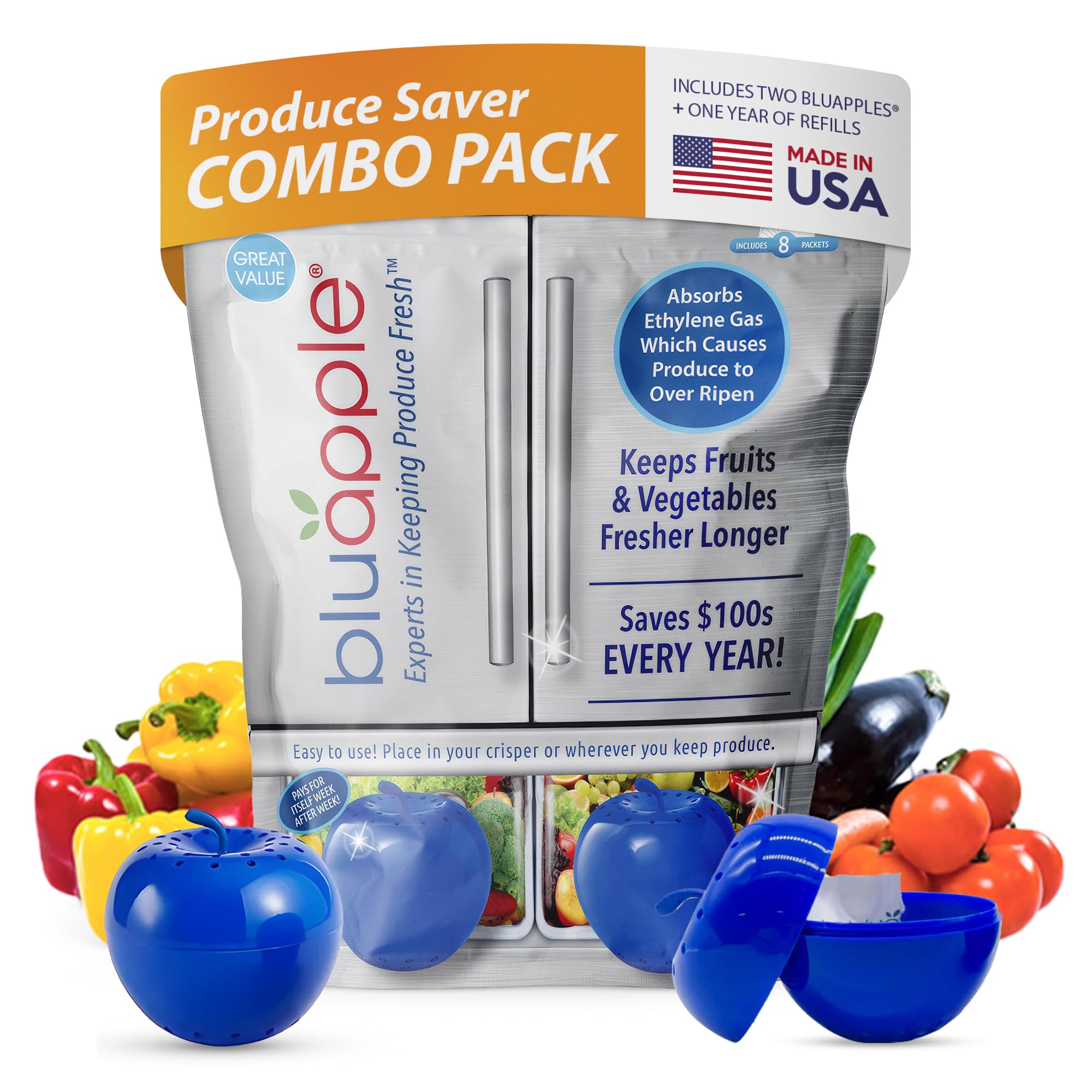 Bluapple produce saver combo pack front view for fresher produce