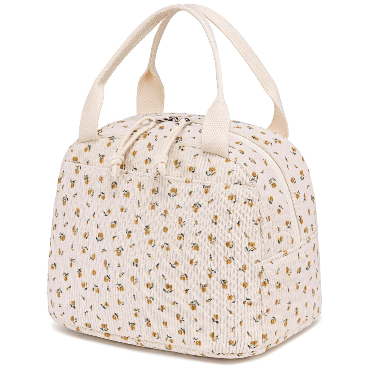 Bluboon corduroy lunch bag front pocket for quick storage on the go.