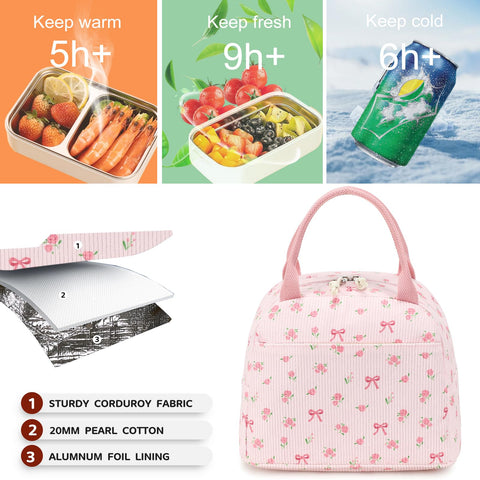 Bluboon corduroy lunch bag shows durable zippers and reinforced construction.