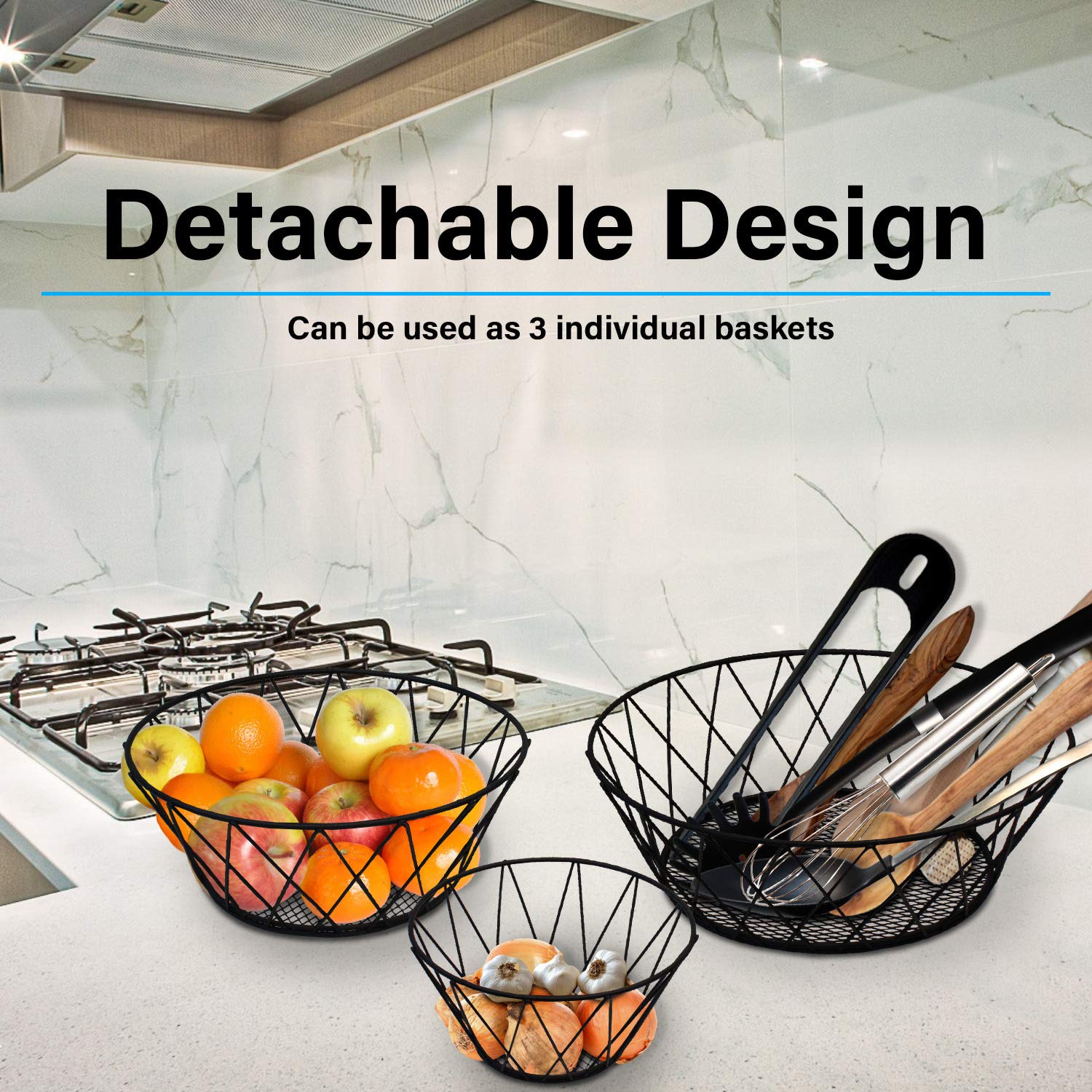 Blue Donuts three-tier hanging basket in black matte finish enhances counter space.