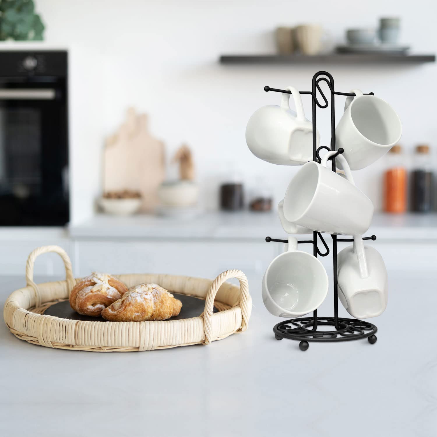 Blue Donuts coffee and tea organizer offers quick access to mugs during gatherings.