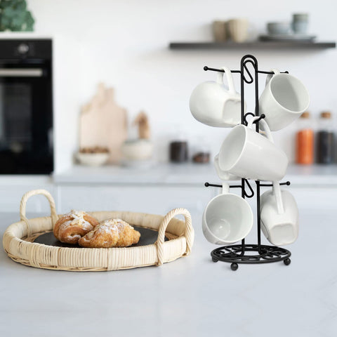 Blue Donuts coffee and tea organizer offers quick access to mugs during gatherings.
