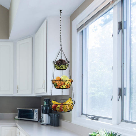 Blue Donuts neat, stylish kitchen organization for pantry and fruit storage.