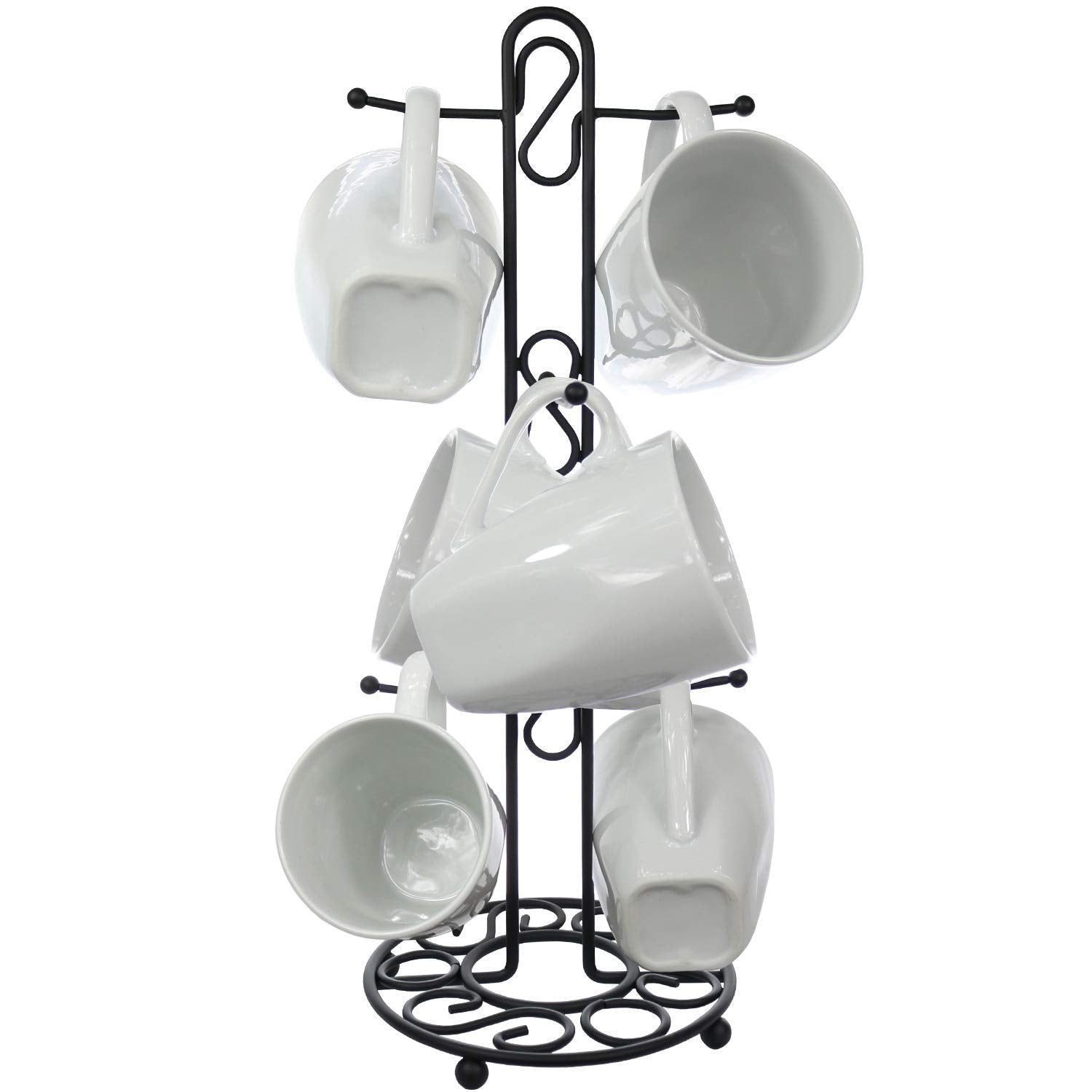 Blue Donuts farmhouse mug rack displaying six mugs on a kitchen counter.