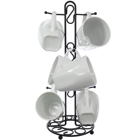 Blue Donuts farmhouse mug rack displaying six mugs on a kitchen counter.