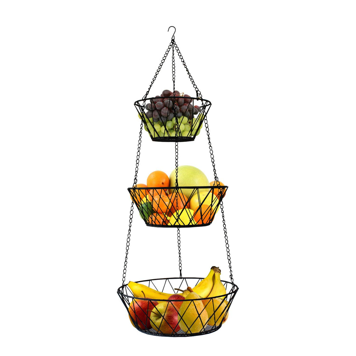 Blue Donuts heavy-duty 3-tier hanging basket with matte black finish for organized fruit display.