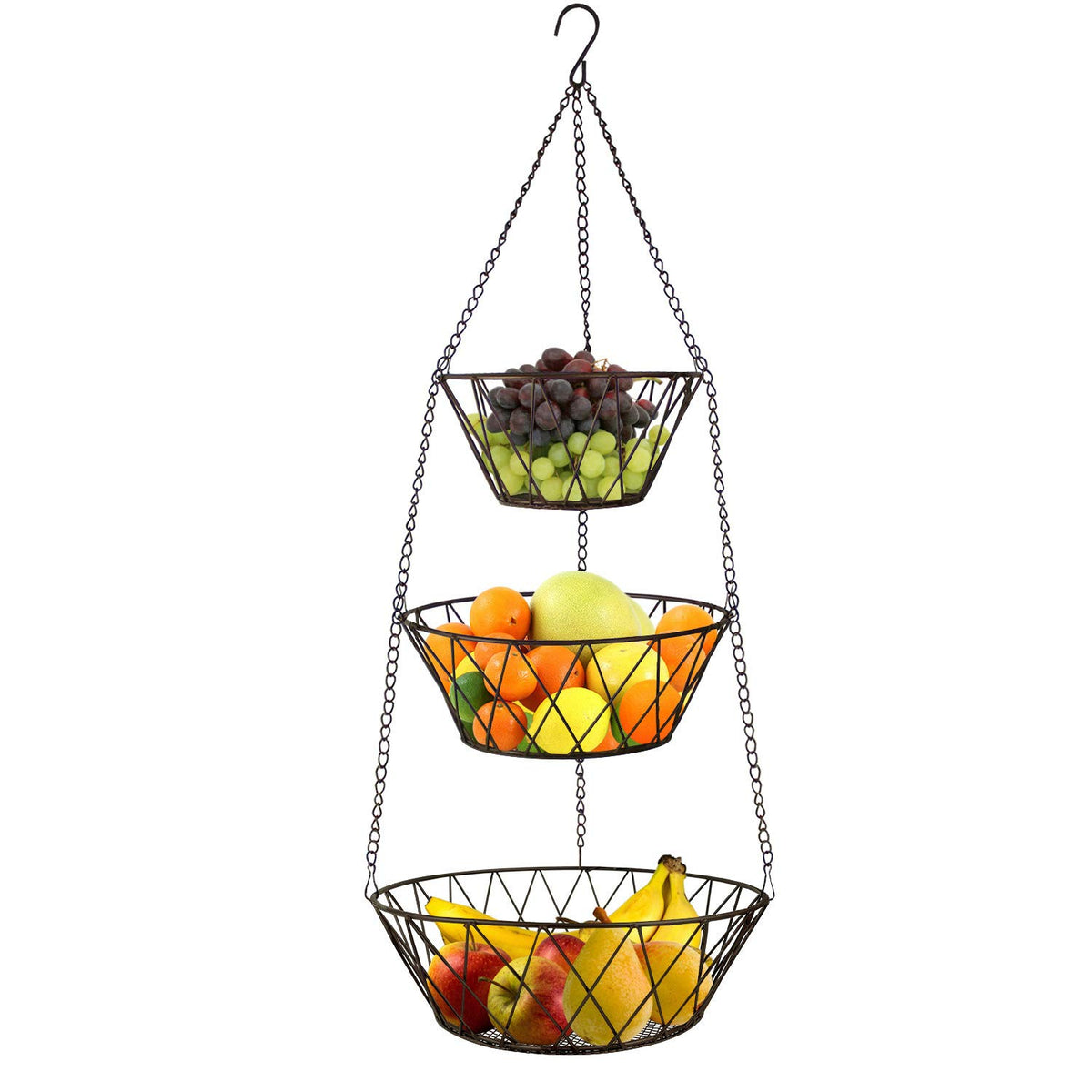 Blue Donuts heavy-duty 3-tier hanging fruit basket with bronze finish for clutter-free counter space.