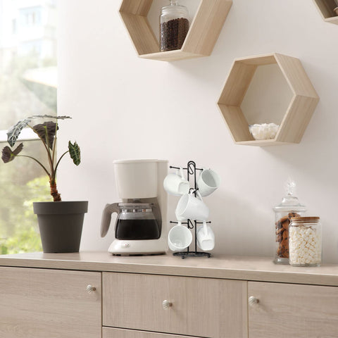 Blue Donuts mug rack features an open design for easy adding or removing mugs.