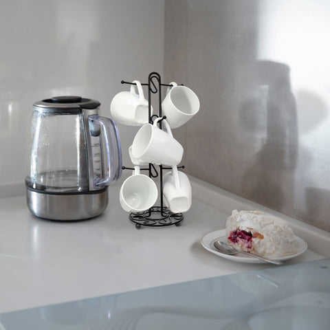 Blue Donuts open-design metal mug rack dries mugs with a breathable frame.