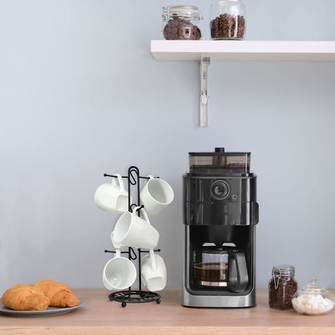 Blue Donuts vintage black finish cup organizer complements kitchen decor while saving counter space.