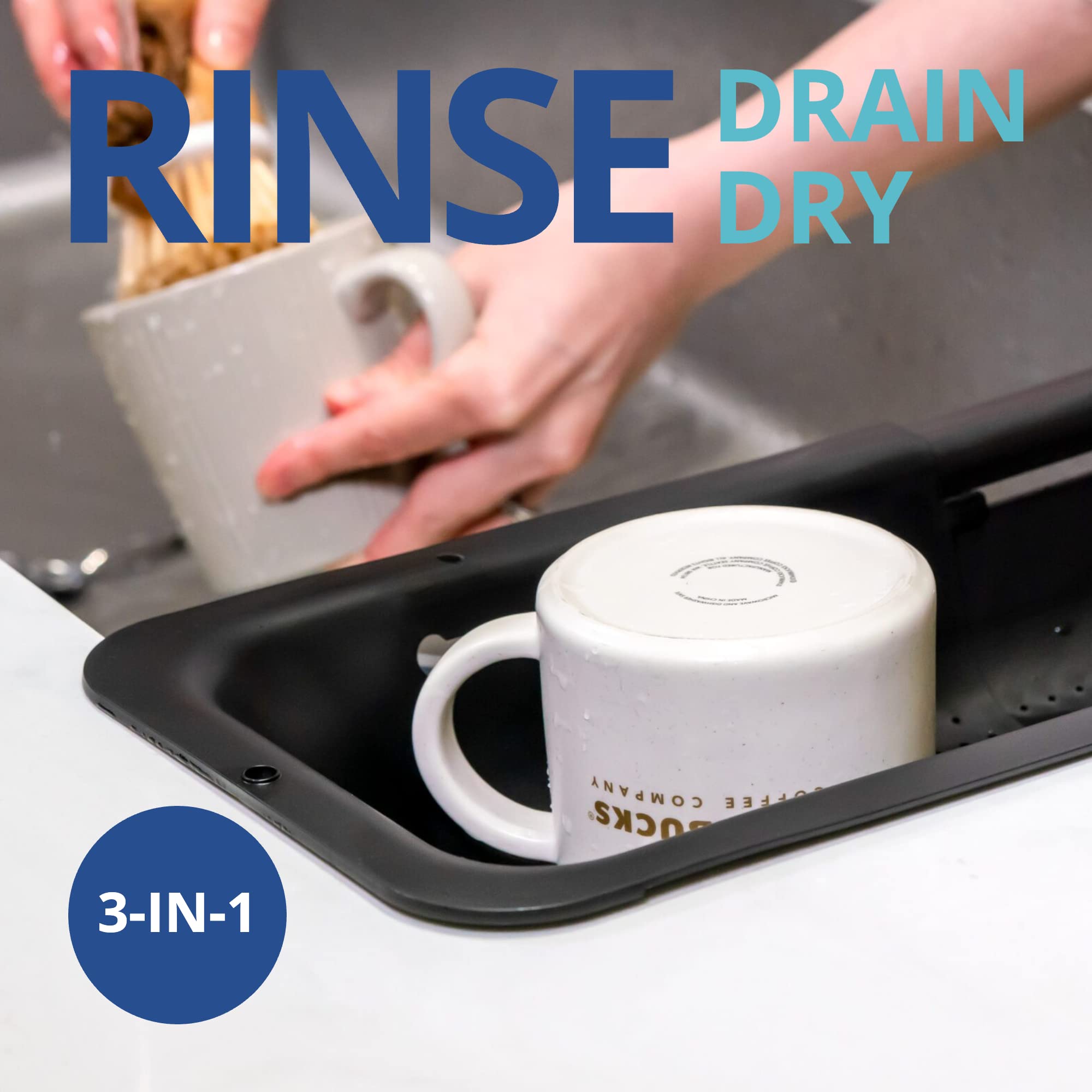 Blue Ginkgo colander with bottom clearance keeps water away from food while draining