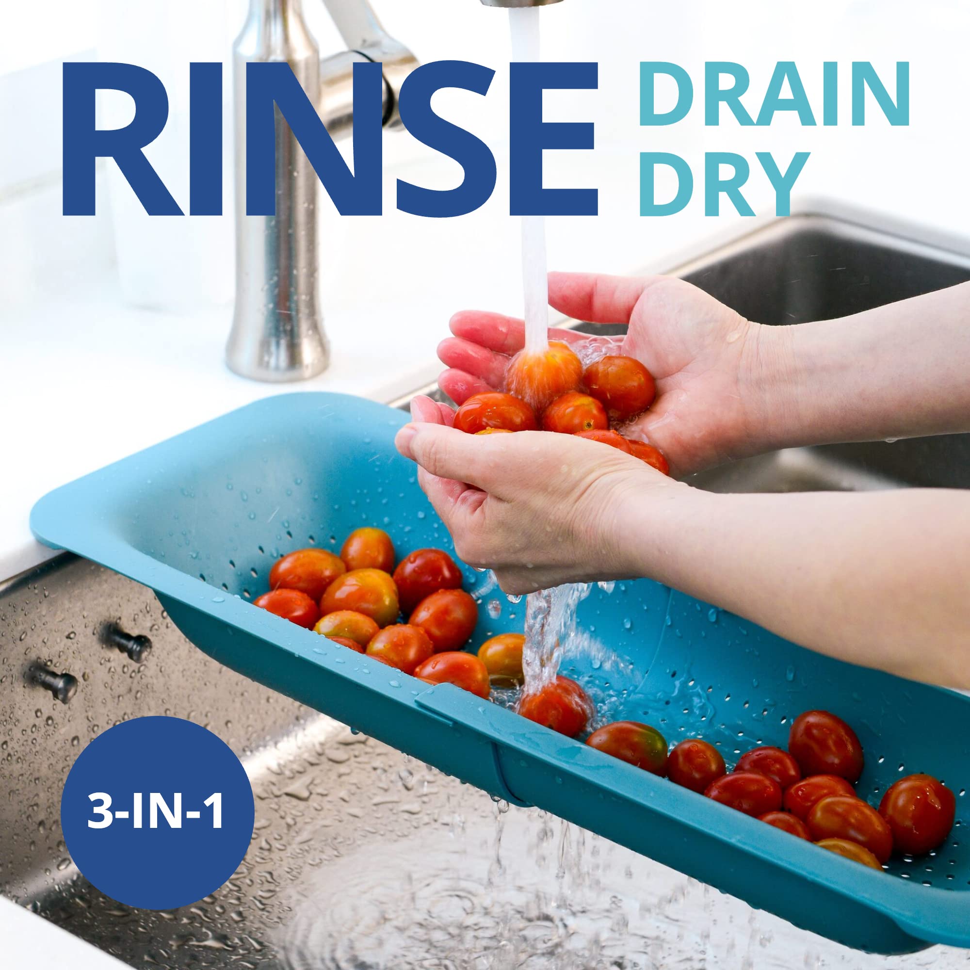Blue Ginkgo colander dish-drying basket holds cups and utensils for air-drying