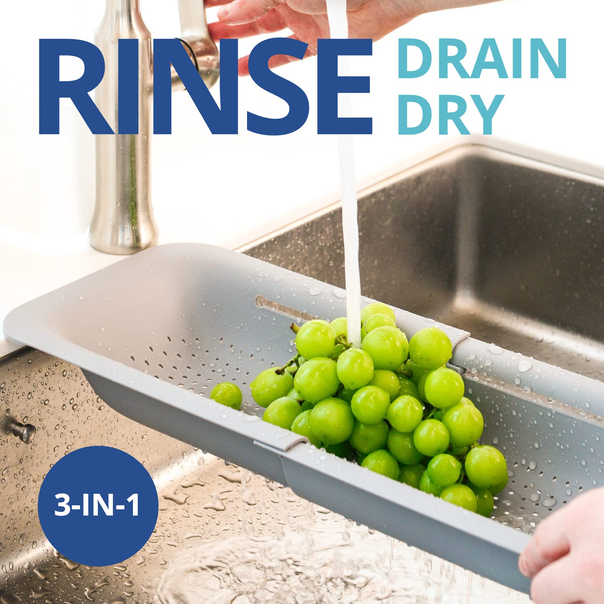 Blue Ginkgo colander basket doubles as a compact counter drying rack.