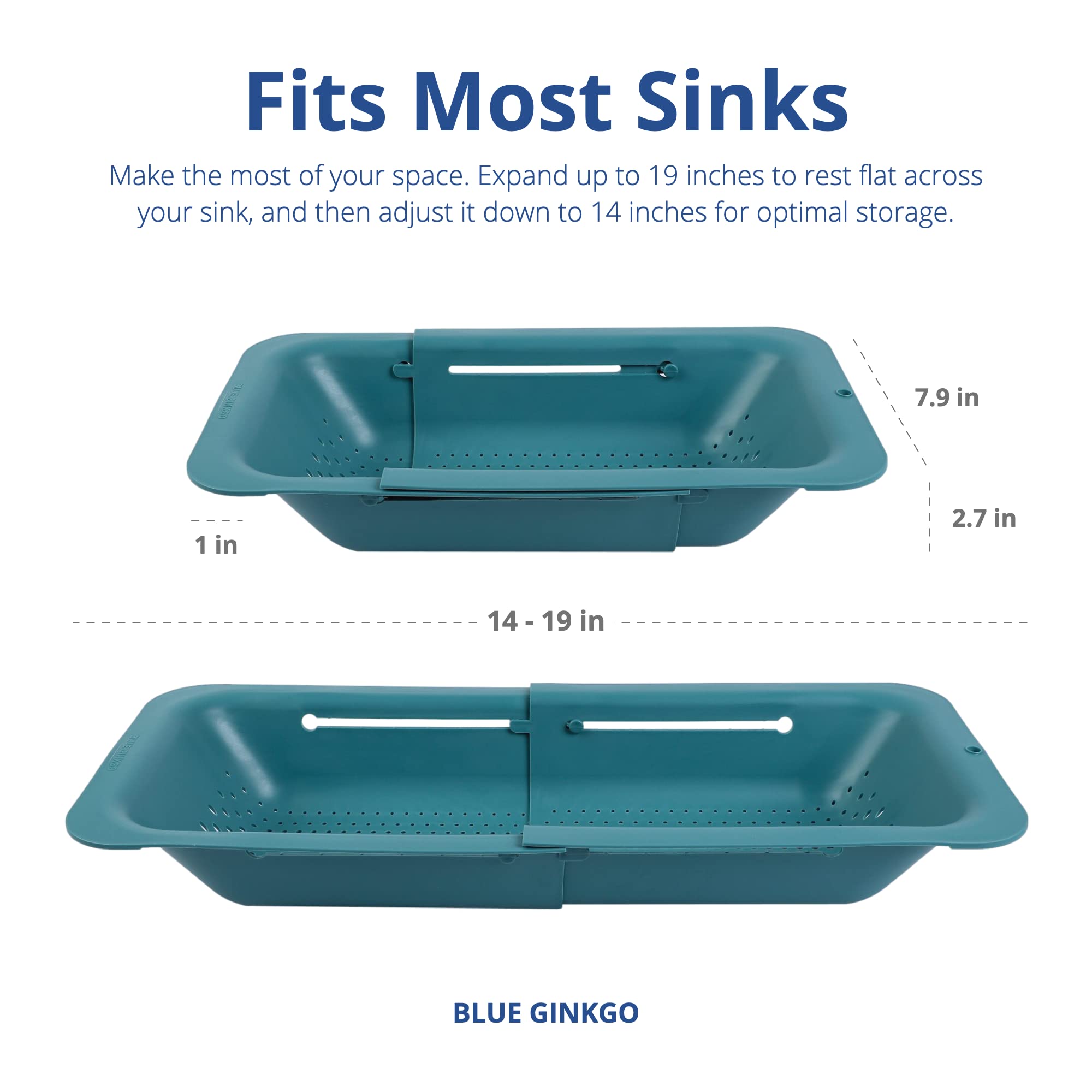 Blue Ginkgo extendable colander raised base prevents water backflow