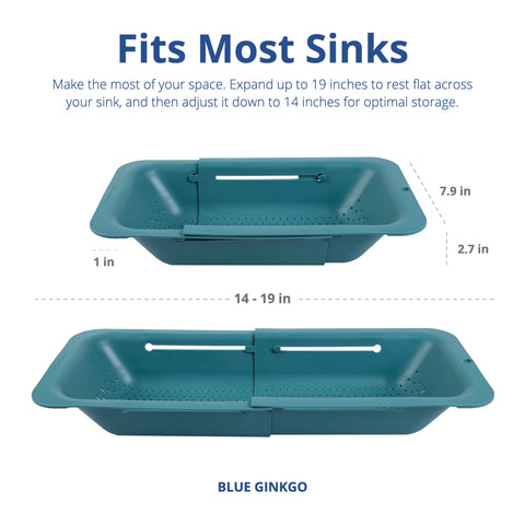 Blue Ginkgo extendable colander raised base prevents water backflow