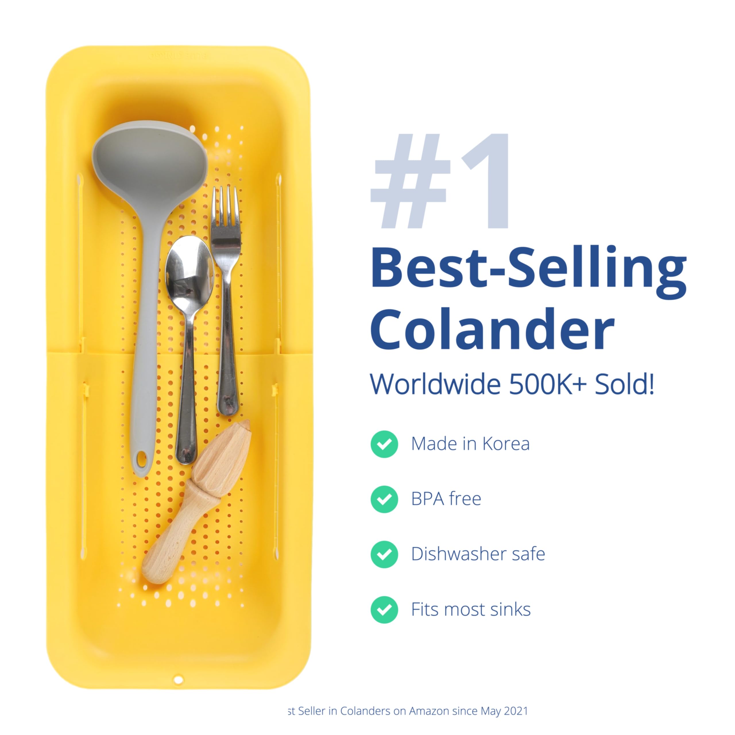 BLUE GINKGO Extendable Colander over sink showing adjustable size for different sinks