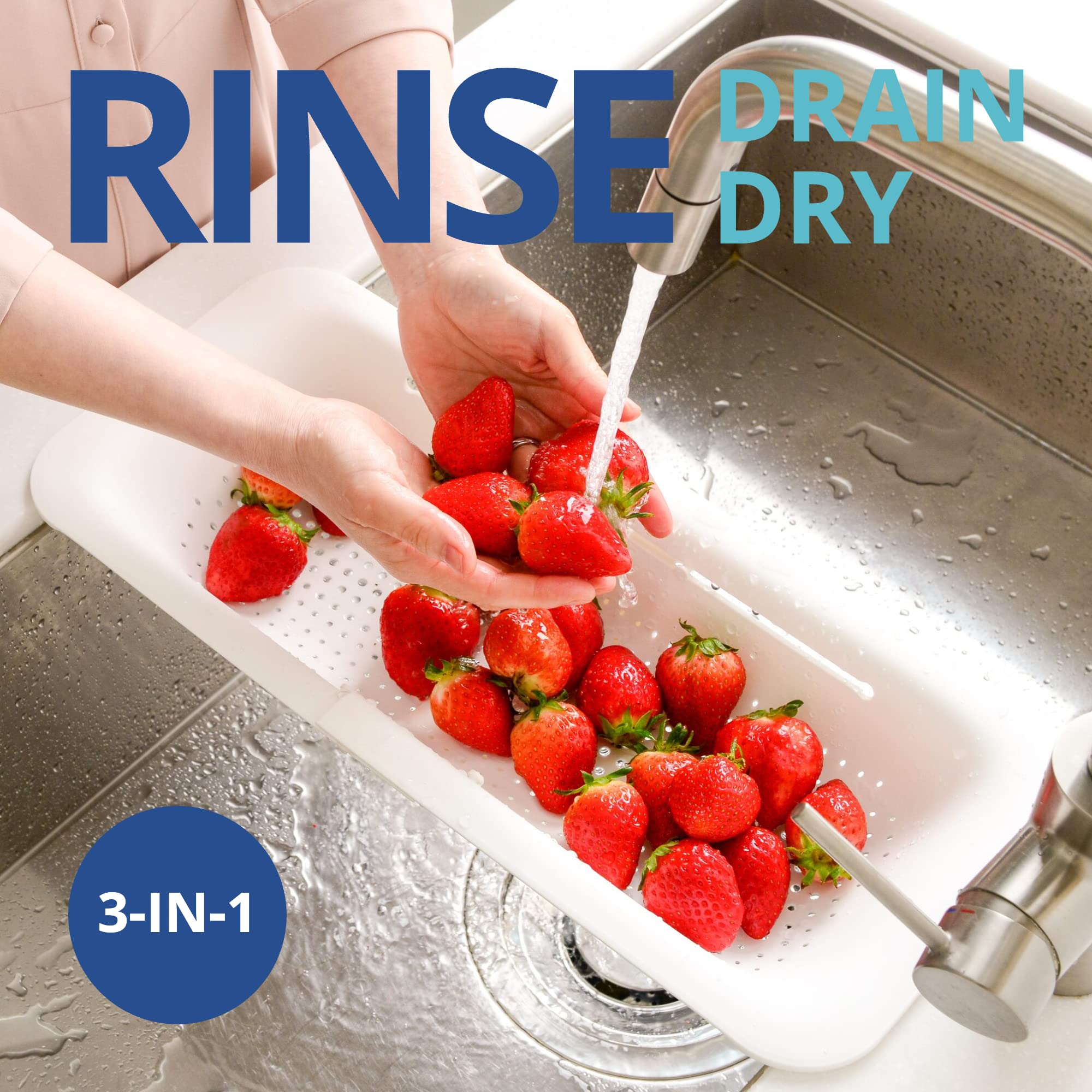 Blue Ginkgo colander drains pasta and rinses produce efficiently.