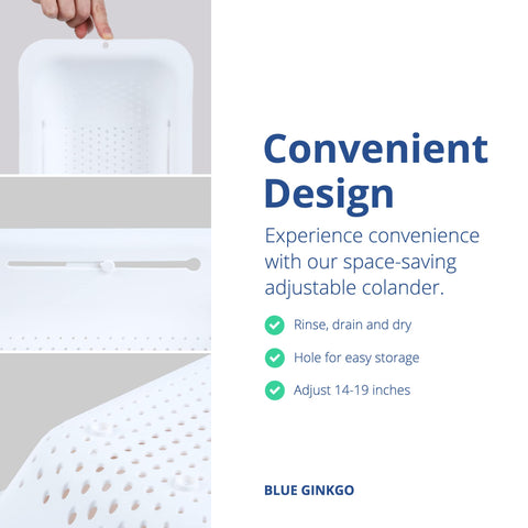 Blue Ginkgo colander keeps water from backing up into food.
