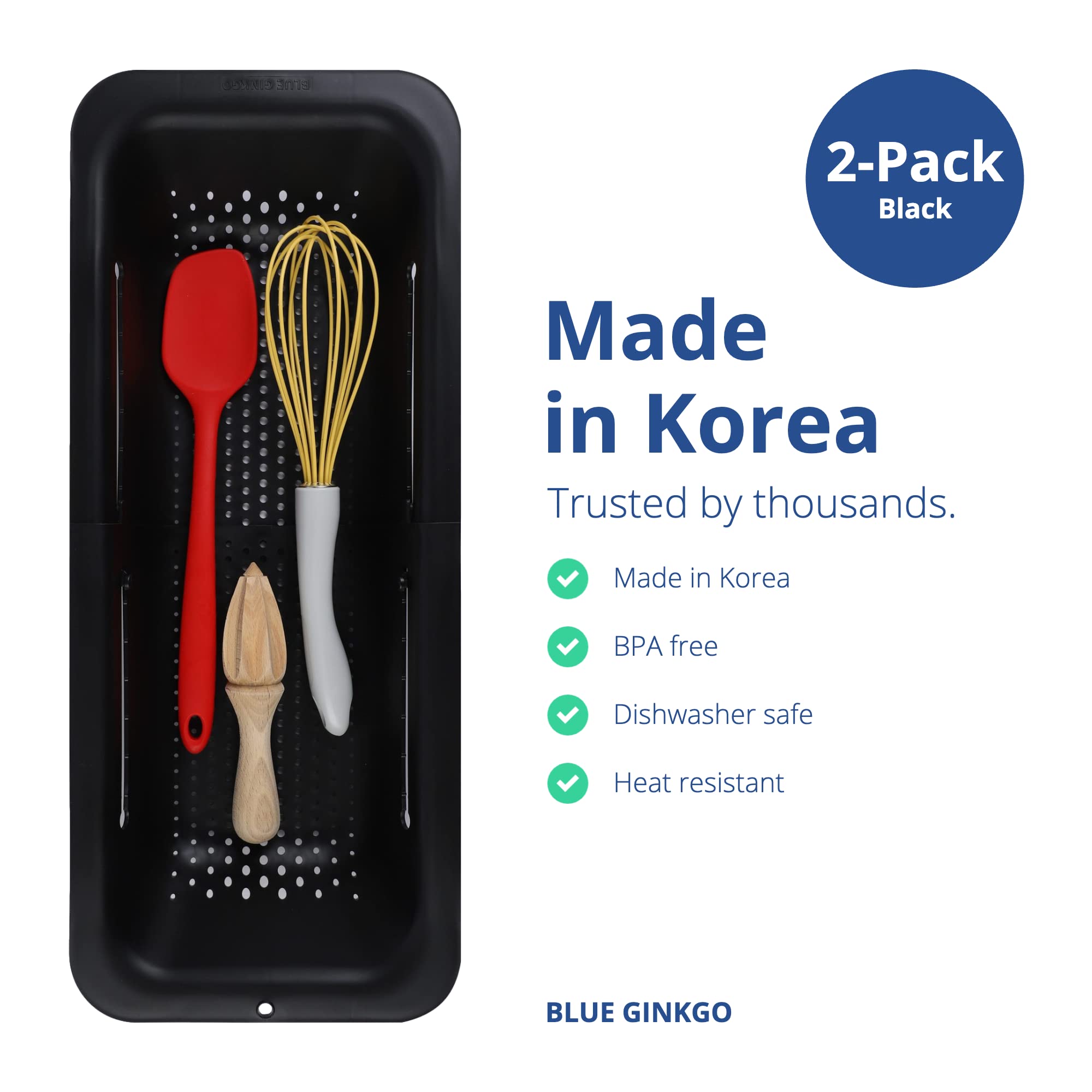 Blue Ginkgo sink colander drains pasta efficiently with raised bottom.