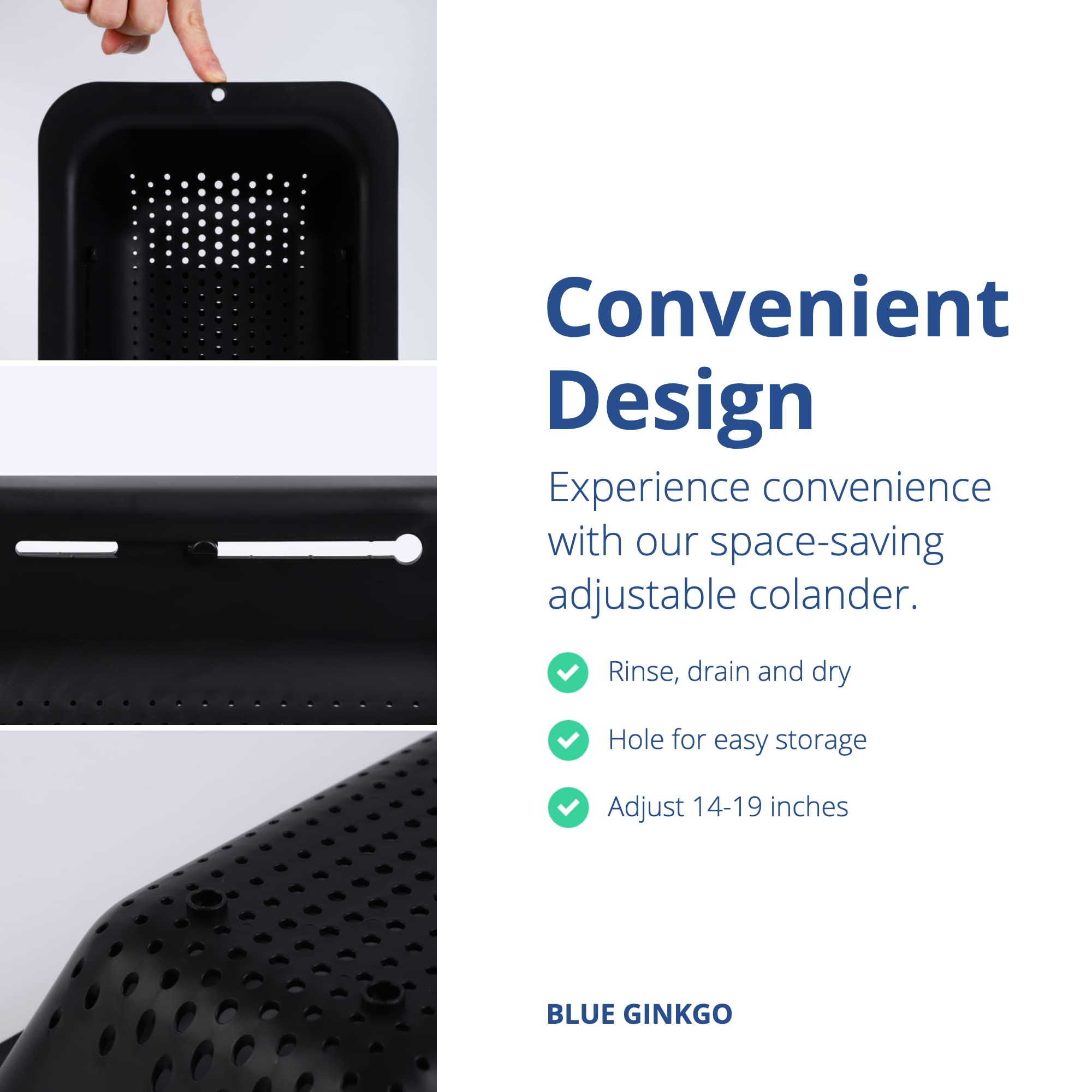 Blue Ginkgo sink colander helps air-dry small utensils and cups.